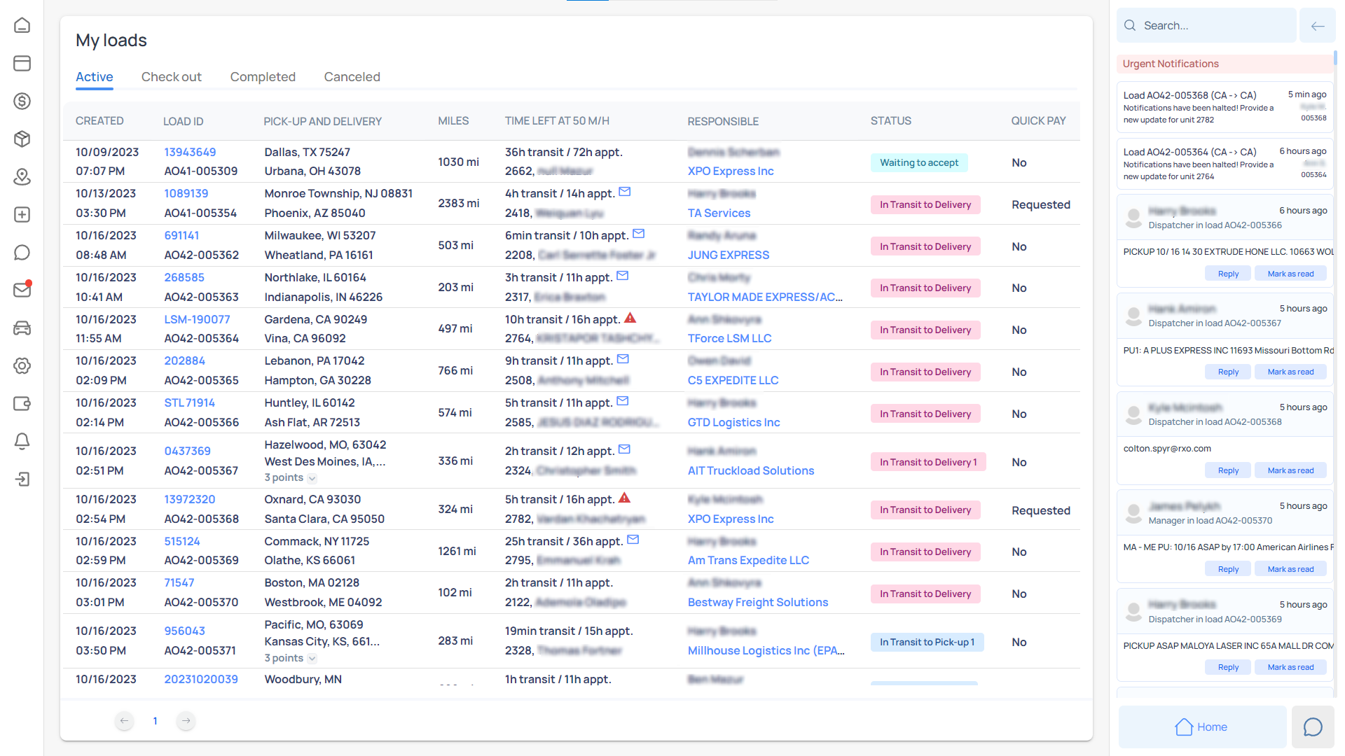 screenshot of Altek TMS for Dispatchers
